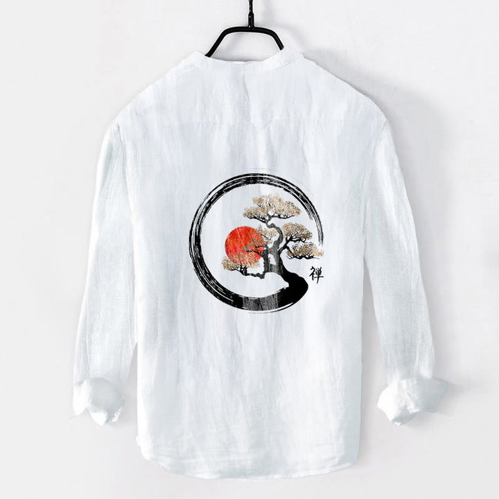 Buddha Stones Zen Character Pine Tree Sun Pattern Half Buttons Men's Cotton Linen Long Sleeve Shirt - image 8