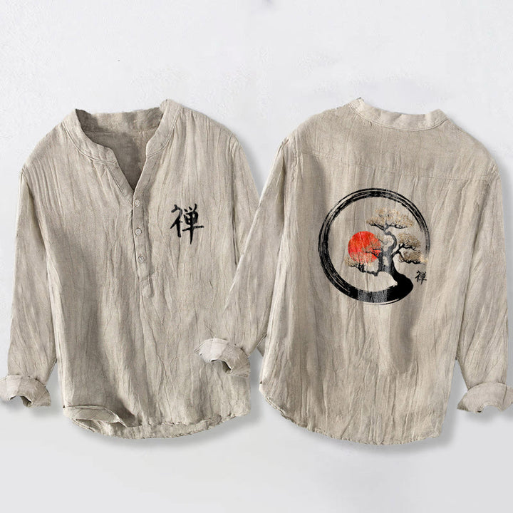 Buddha Stones Zen Character Pine Tree Sun Pattern Half Buttons Men's Cotton Linen Long Sleeve Shirt - Linen - US/UK/AU50，EU60 (5XL) - image 3