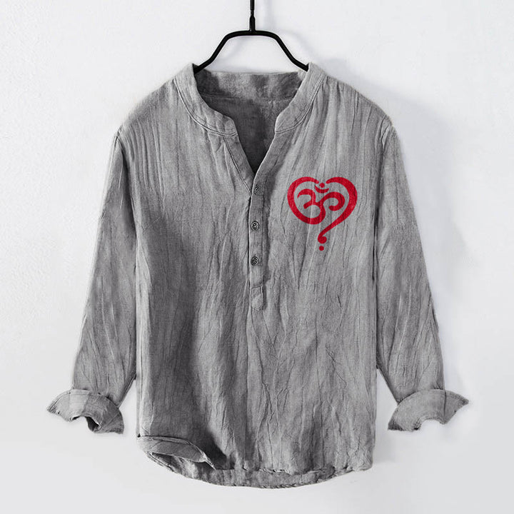 Buddha Stones Heart-shaped OM Symbol Pattern Half Buttons Men's Cotton Linen Long Sleeve Shirt - Gray - US/UK/AU50，EU60 (5XL) - image 3