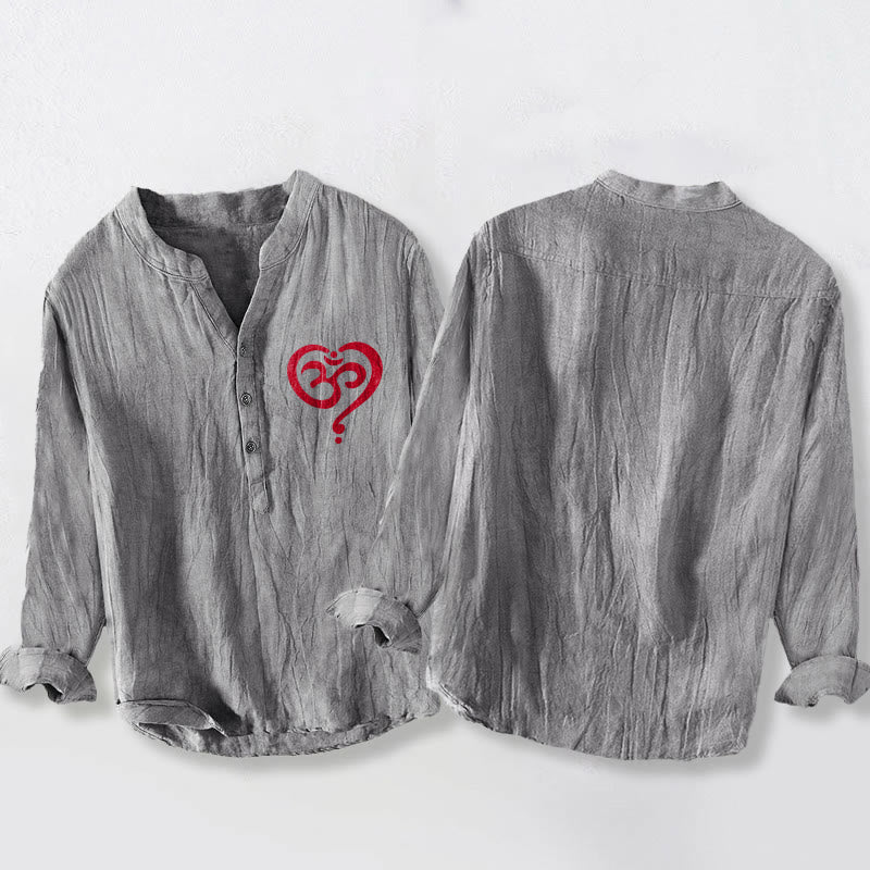 Buddha Stones Heart-shaped OM Symbol Pattern Half Buttons Men's Cotton Linen Long Sleeve Shirt - image 5