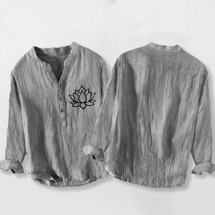 Buddha Stones Line-art Lotus Flower Pattern Half Buttons Men's Cotton Linen Long Sleeve Shirt - image 2