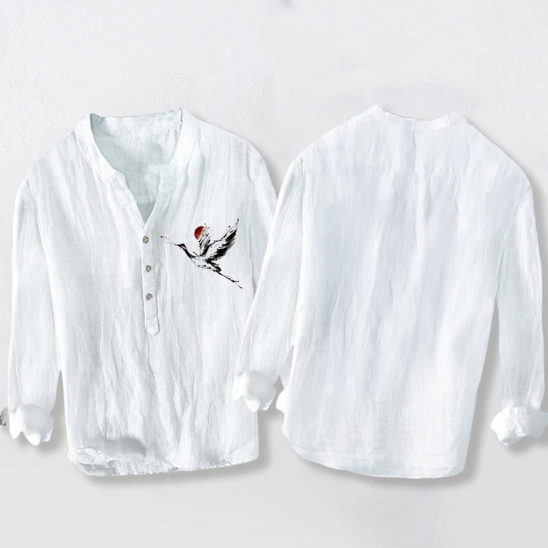 Buddha Stones Flying Crane Sun Pattern Half Buttons Men's Cotton Linen Long Sleeve Shirt - image 8