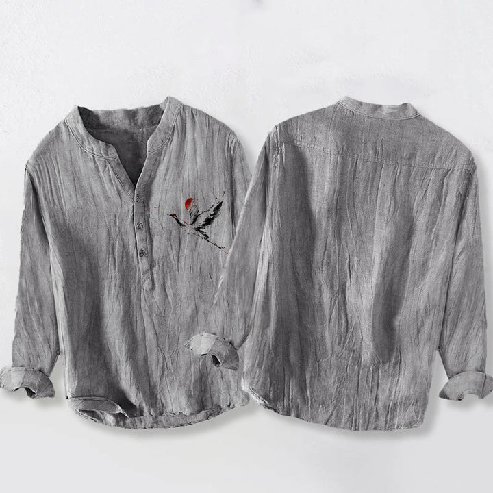 Buddha Stones Flying Crane Sun Pattern Half Buttons Men's Cotton Linen Long Sleeve Shirt - image 5