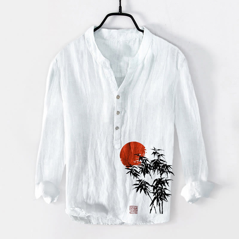Buddha Stones Bamboo Leaves Red Sun Pattern Half Buttons Men's Cotton Linen Long Sleeve Shirt - White - US/UK/AU50，EU60 (5XL) - image 6
