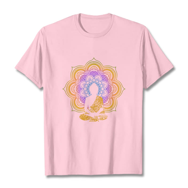 Buddha Stones Multicolor Mandala Flower Seated Buddha Pattern Tee T-shirt - LightPink - 2XL - image 14