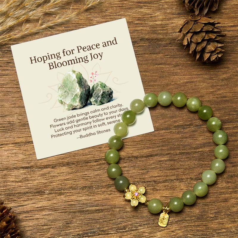 Buddha Stones "Hoping for Peace and Blooming Joy" Green Jade Bracelet Includes Gift Message Card - Jade(Wrist Circumference 14-16cm) - Standard Gift Box - image 0