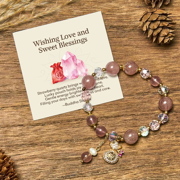Buddha Stones "Wishing Love and Sweet Blessings"Strawberry Quartz Bracelet Includes Gift Message Card - Strawberry Quartz(Love♥Healing) - Standard Gift Box - image 0
