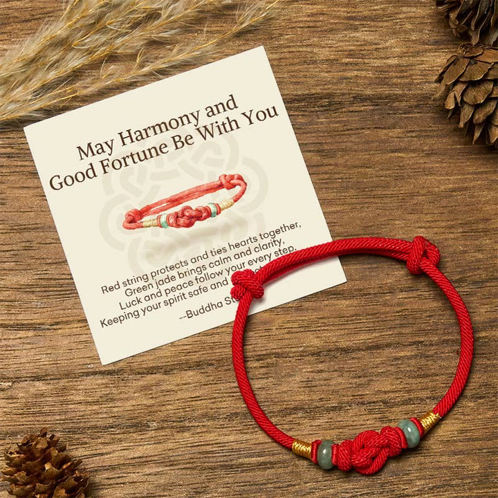 Buddha Stones "May Harmony and Good Fortune Be With You" Bracelet Includes Gift Message Card - Red String&Jade(Wrist Circumference 14-22cm) - Standard Gift Box - image 0