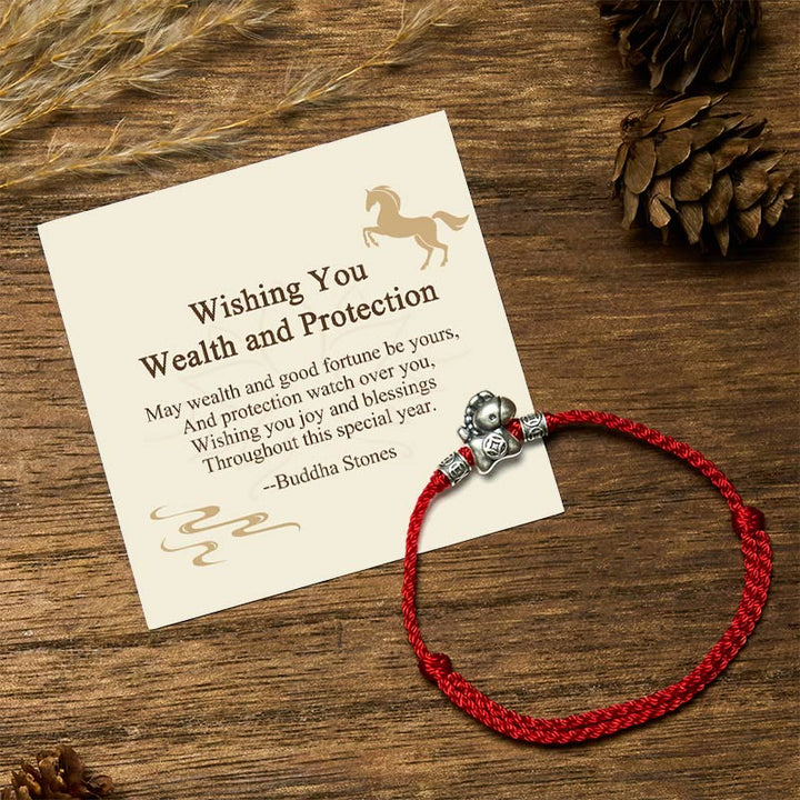 Buddha Stones "Wishing You Wealth and Protection" Year of the Horse String Includes Gift Message Card - Red(Wrist Circumference 14-21cm) - Standard Gift Box - image 0