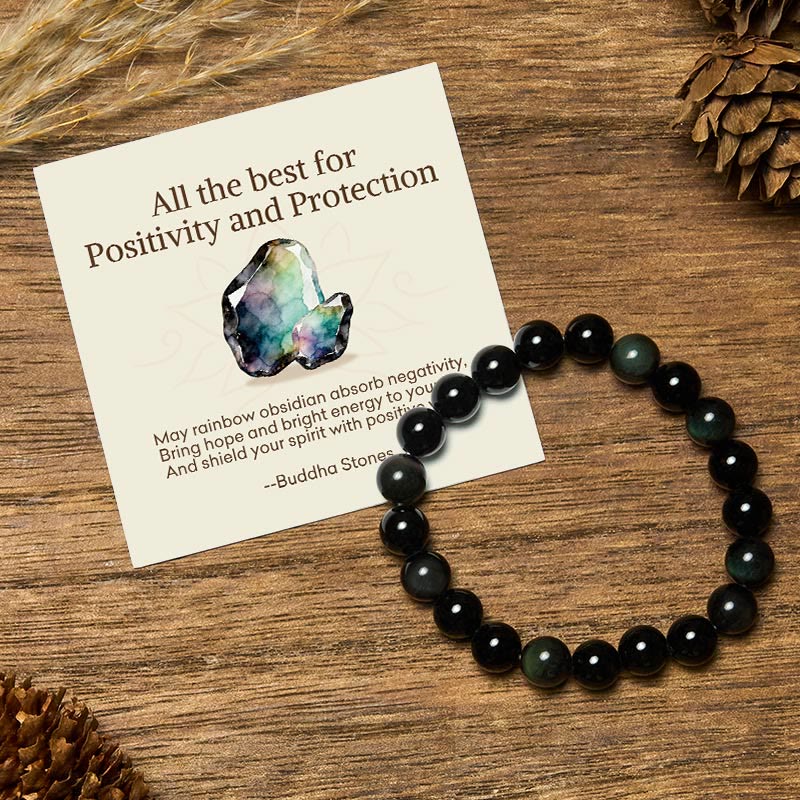 Buddha Stones "All the Best for Love and Harmony" Stone Quartz Bracelet Includes Gift Message Card - 8mm - Rainbow Obsidian - Standard Gift Box - image 8