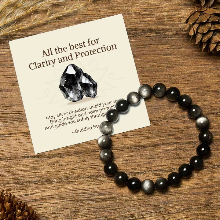 Buddha Stones "All the Best for Love and Harmony" Stone Quartz Bracelet Includes Gift Message Card - 8mm - Silver Sheen Obsidian - Standard Gift Box - image 13