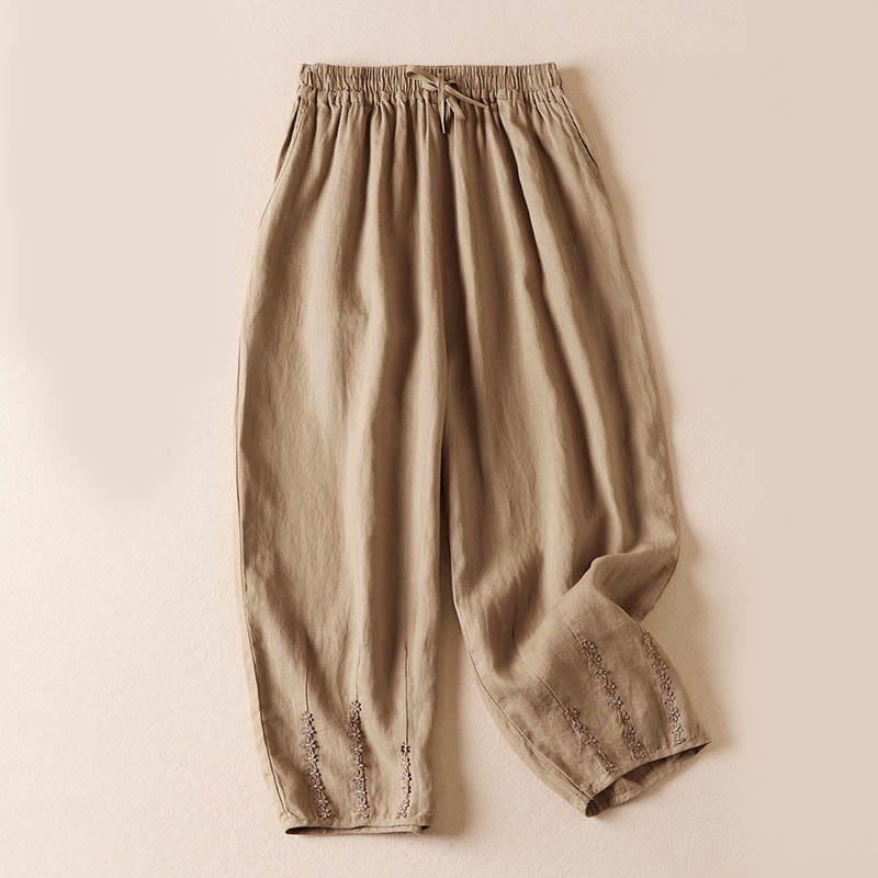 Buddha Stones Summer Small Flower Embroidery Harem Pants With Pockets - Wheat - US8-10，UK/AU12-14，EU40-42 (2XL) - image 0