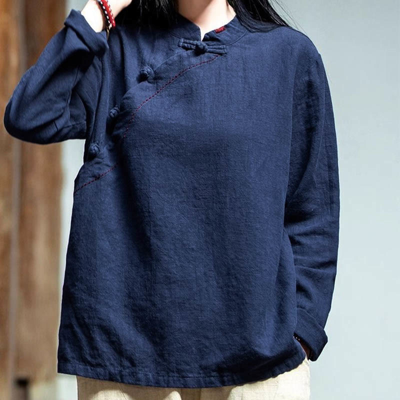 Buddha Stones Oblique Collar Knot button Loose Linen Clothing - image 17