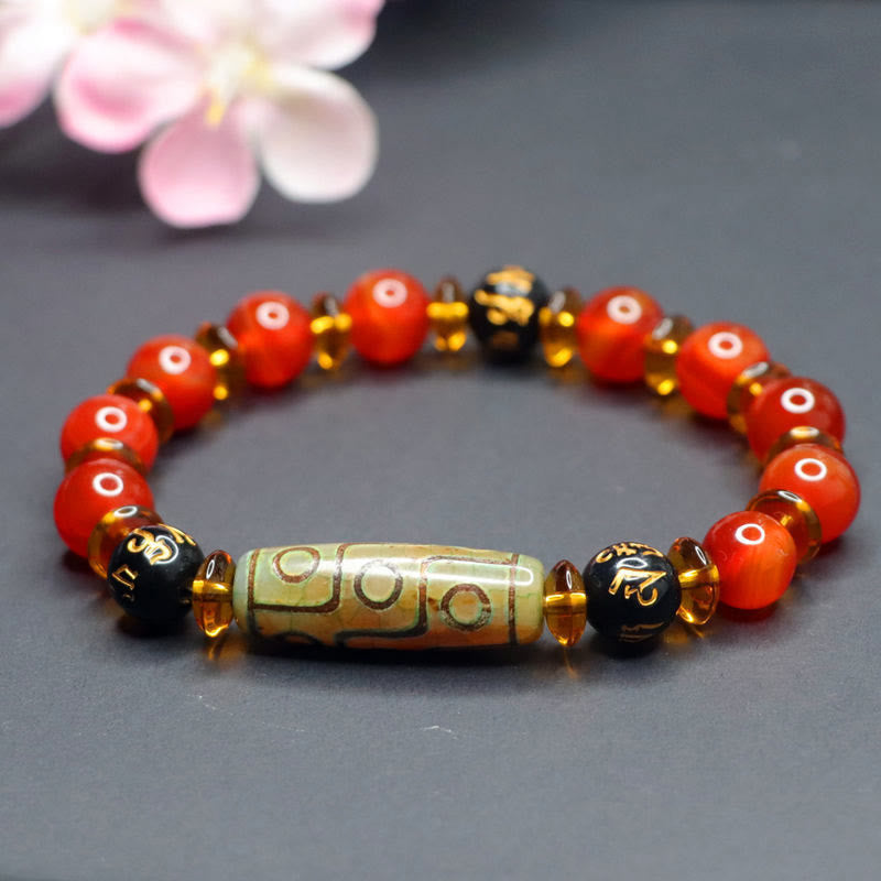 Buddha Stones Red Agate Nine-eye Dzi Bead Six True Words Calm Bracelet - image 10