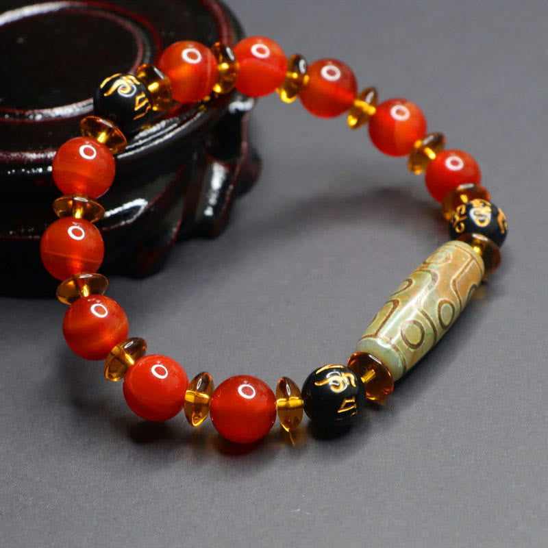 Buddha Stones Red Agate Nine-eye Dzi Bead Six True Words Calm Bracelet - image 12