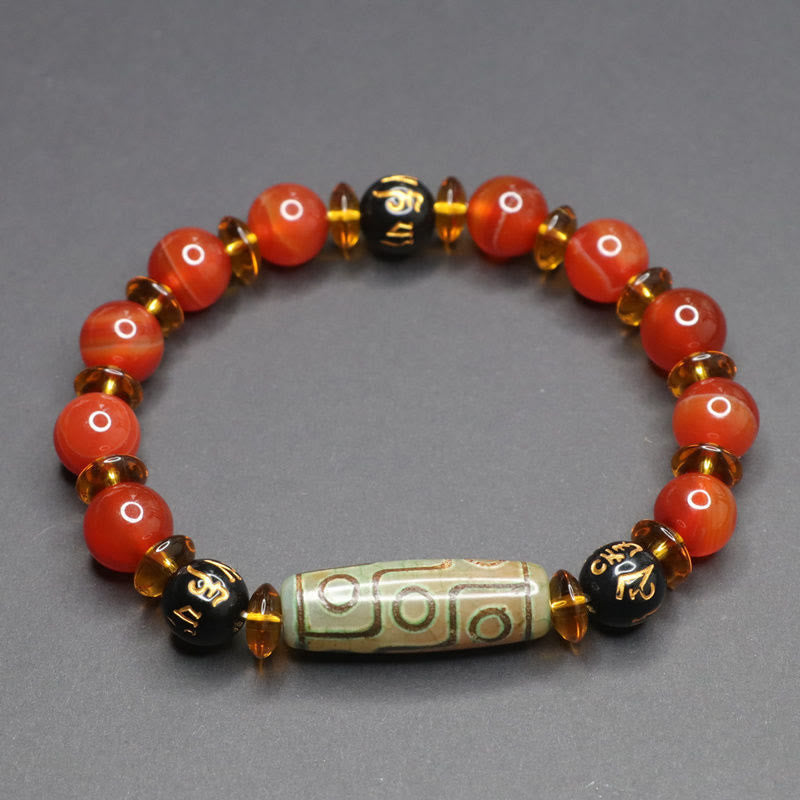 Buddha Stones Red Agate Nine-eye Dzi Bead Six True Words Calm Bracelet - Nine-eye Dzi Bead Red Agate (Wrist Circumference 16-17cm) - image 0
