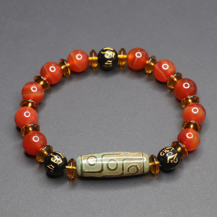 Buddha Stones Red Agate Nine-eye Dzi Bead Six True Words Calm Bracelet - Nine-eye Dzi Bead Red Agate (Wrist Circumference 16-17cm) - image 0