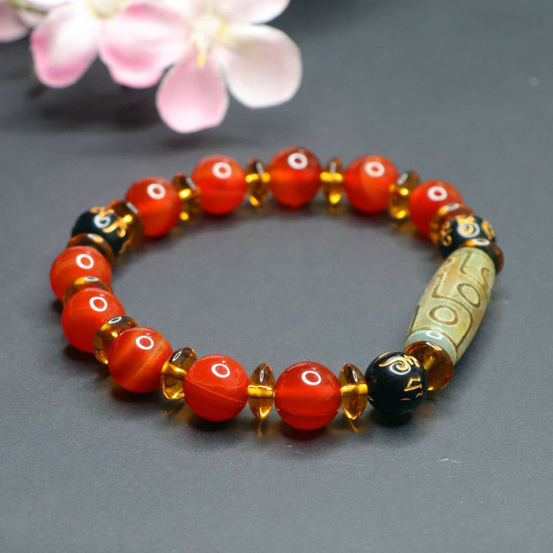 Buddha Stones Red Agate Nine-eye Dzi Bead Six True Words Calm Bracelet - image 3