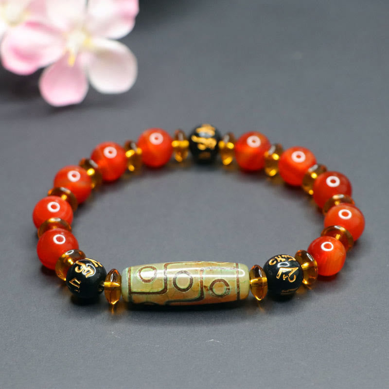 Buddha Stones Red Agate Nine-eye Dzi Bead Six True Words Calm Bracelet - image 9