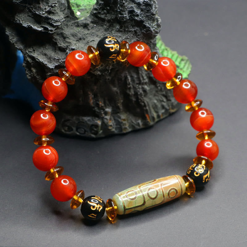 Buddha Stones Red Agate Nine-eye Dzi Bead Six True Words Calm Bracelet - image 4