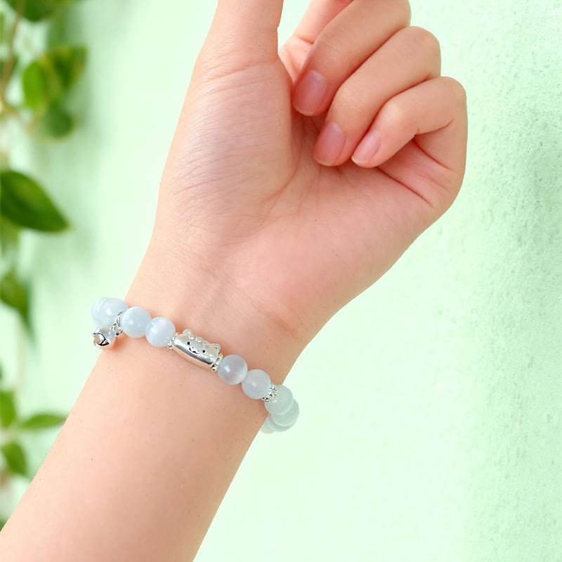 Buddha Stones 999 Sterling Silver Natural Cat Head White Cat's Eye White Agate Positive Bracelet - image 6