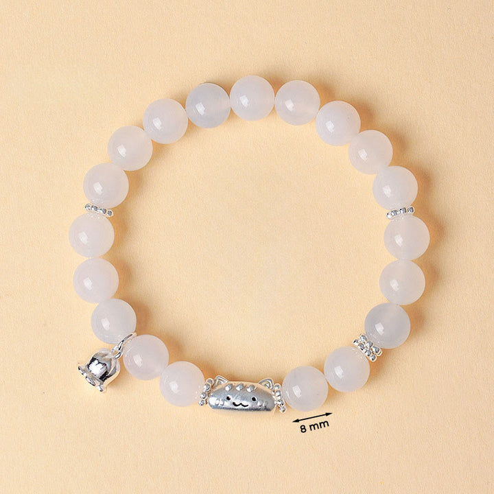 Buddha Stones 999 Sterling Silver Natural Cat Head White Cat's Eye White Agate Positive Bracelet - image 12