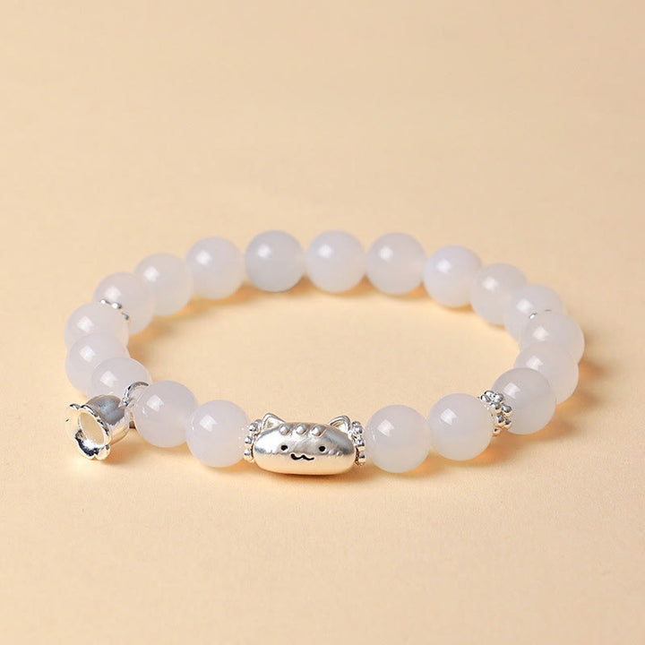 Buddha Stones 999 Sterling Silver Natural Cat Head White Cat's Eye White Agate Positive Bracelet - image 10