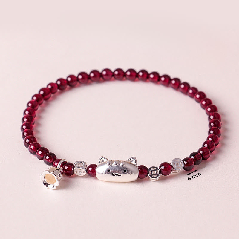 Buddha Stones 999 Sterling Silver Natural Cute Cat Head Garnet Protection Bead Bracelet - image 3