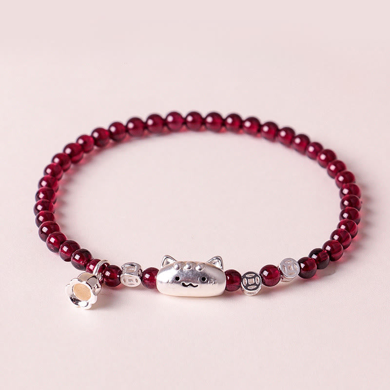 Buddha Stones 999 Sterling Silver Natural Cute Cat Head Garnet Protection Bead Bracelet - image 1