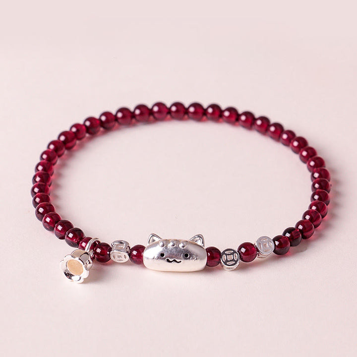 Buddha Stones 999 Sterling Silver Natural Cute Cat Head Garnet Protection Bead Bracelet - image 1
