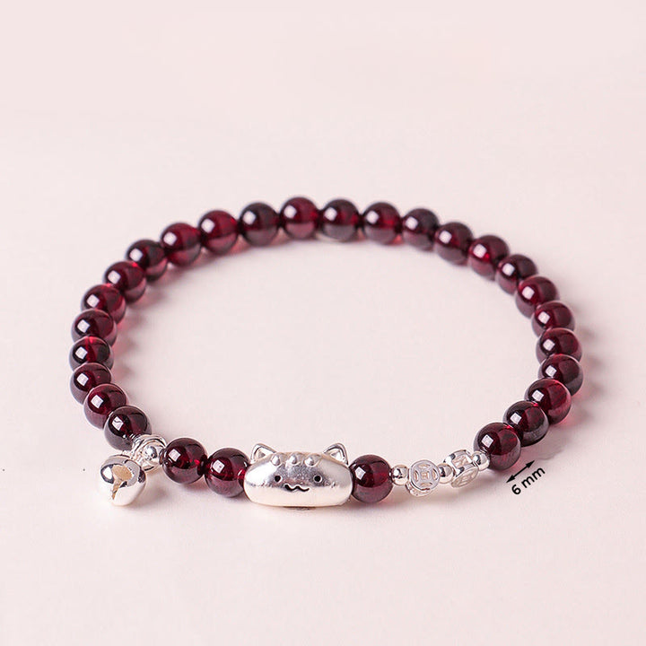 Buddha Stones 999 Sterling Silver Natural Cute Cat Head Garnet Protection Bead Bracelet - image 18