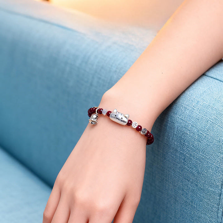Buddha Stones 999 Sterling Silver Natural Cute Cat Head Garnet Protection Bead Bracelet - image 8