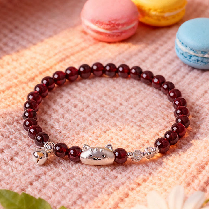 Buddha Stones 999 Sterling Silver Natural Cute Cat Head Garnet Protection Bead Bracelet - image 17