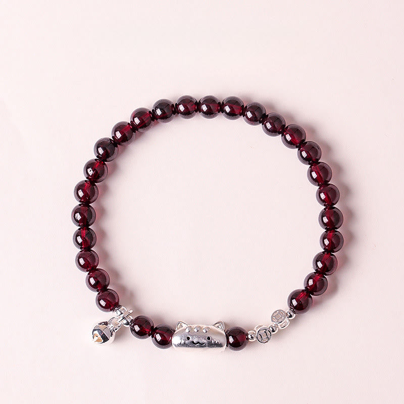 Buddha Stones 999 Sterling Silver Natural Cute Cat Head Garnet Protection Bead Bracelet - image 14