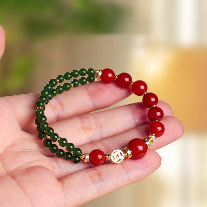 Buddha Stones Natural Red Agate Double Wrap Design Green Chalcedony Calm Bracelet - Red Agate(Wrist Circumference:13-15cm) - image 0