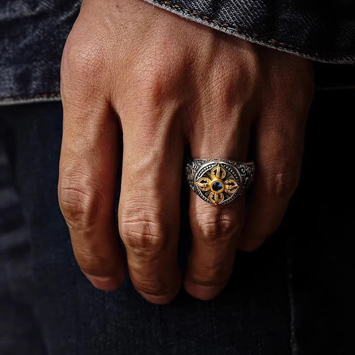 Buddha Stones Tibetan Cross Design Vajra Auspicious Clouds Pattern Copper Adjustable Balance Ring - image 4