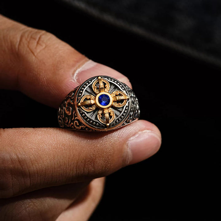 Buddha Stones Tibetan Cross Design Vajra Auspicious Clouds Pattern Copper Adjustable Balance Ring - image 2