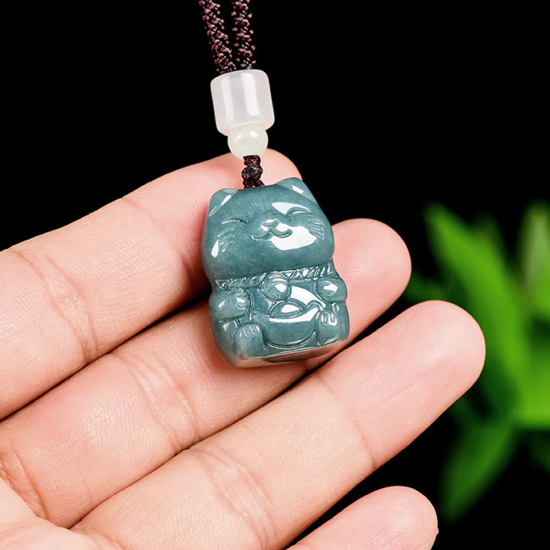 Buddha Stones Natural Attract Wealth Cat Jade Necklace Prosperity Pendant - image 6
