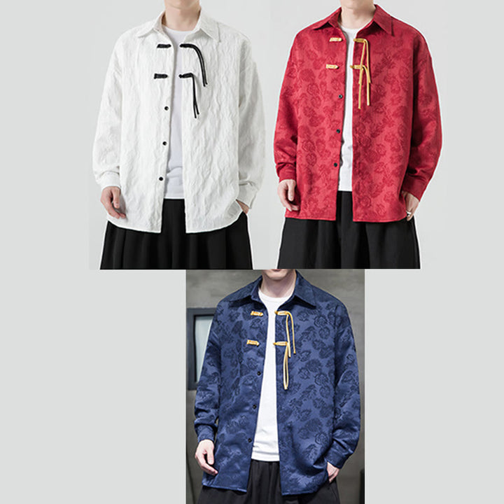 Buddha Stones Frog-Button Leaves Pattern Long Sleeve Men's Tang Suit Jacket - image 25