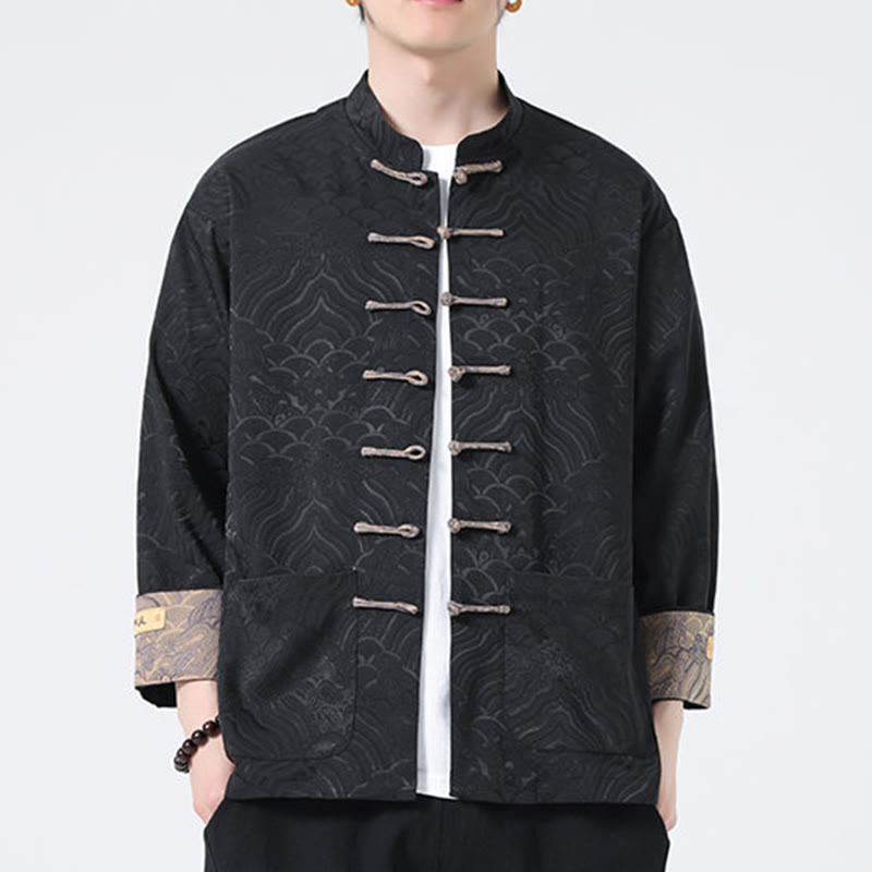 Buddha Stones Frog-Button Mountain Wave Pattern Long Sleeve Men's Cotton Jacket With Pockets - image 14
