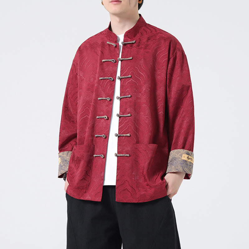 Buddha Stones Frog-Button Mountain Wave Pattern Long Sleeve Men's Cotton Jacket With Pockets - Crimson - US/UK/AU46，EU56 (5XL) - image 0