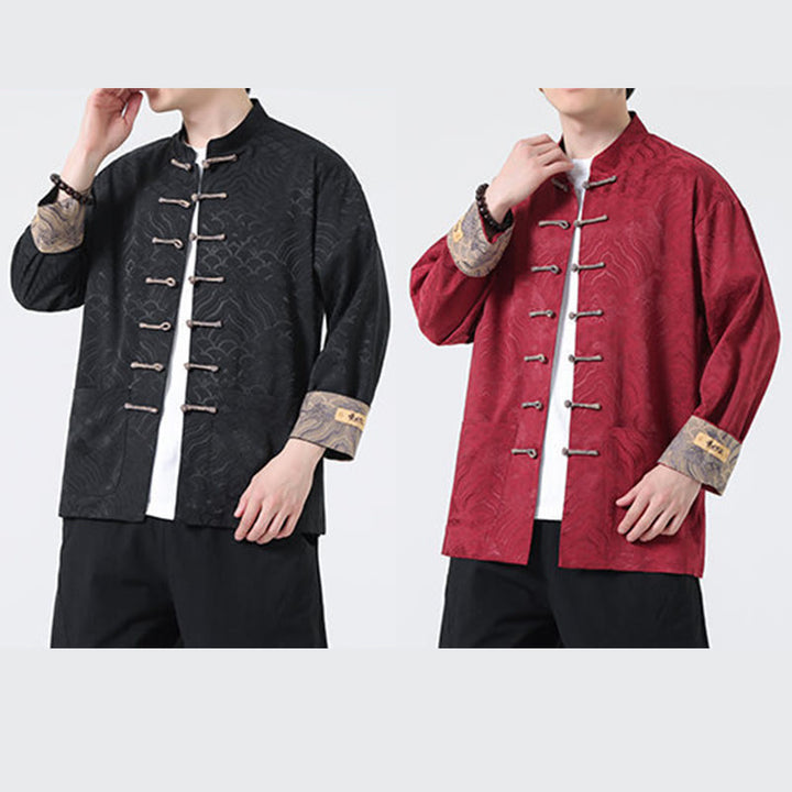 Buddha Stones Frog-Button Mountain Wave Pattern Long Sleeve Men's Cotton Jacket With Pockets - image 17