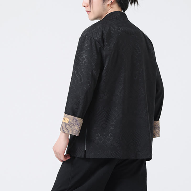 Buddha Stones Frog-Button Mountain Wave Pattern Long Sleeve Men's Cotton Jacket With Pockets - image 11