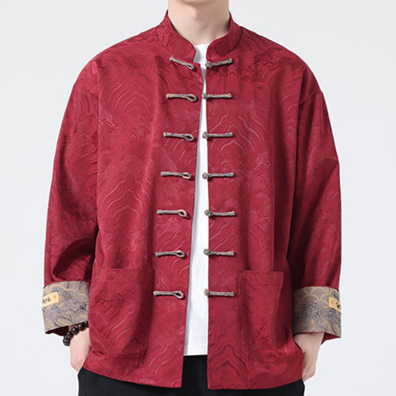 Buddha Stones Frog-Button Mountain Wave Pattern Long Sleeve Men's Cotton Jacket With Pockets - image 7