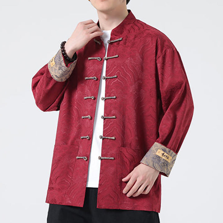 Buddha Stones Frog-Button Mountain Wave Pattern Long Sleeve Men's Cotton Jacket With Pockets - image 6