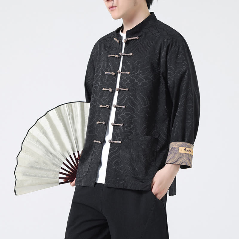 Buddha Stones Frog-Button Mountain Wave Pattern Long Sleeve Men's Cotton Jacket With Pockets - image 12