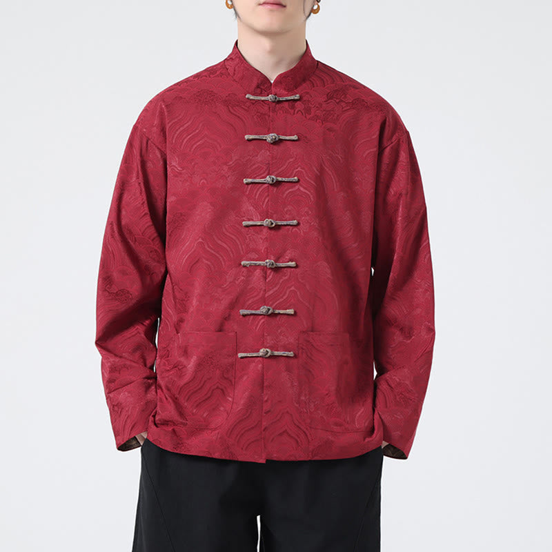 Buddha Stones Frog-Button Mountain Wave Pattern Long Sleeve Men's Cotton Jacket With Pockets - image 1