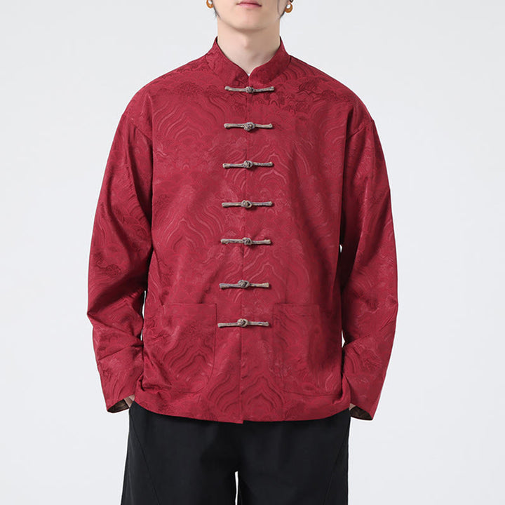 Buddha Stones Frog-Button Mountain Wave Pattern Long Sleeve Men's Cotton Jacket With Pockets - image 1