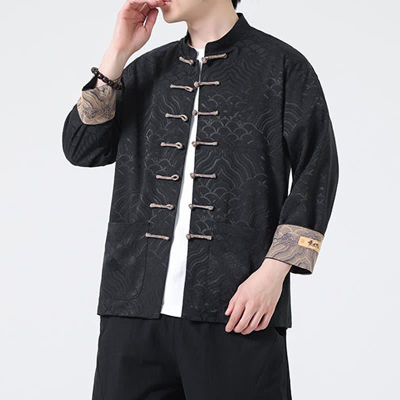 Buddha Stones Frog-Button Mountain Wave Pattern Long Sleeve Men's Cotton Jacket With Pockets - image 13