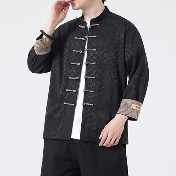 Buddha Stones Frog-Button Mountain Wave Pattern Long Sleeve Men's Cotton Jacket With Pockets - image 13